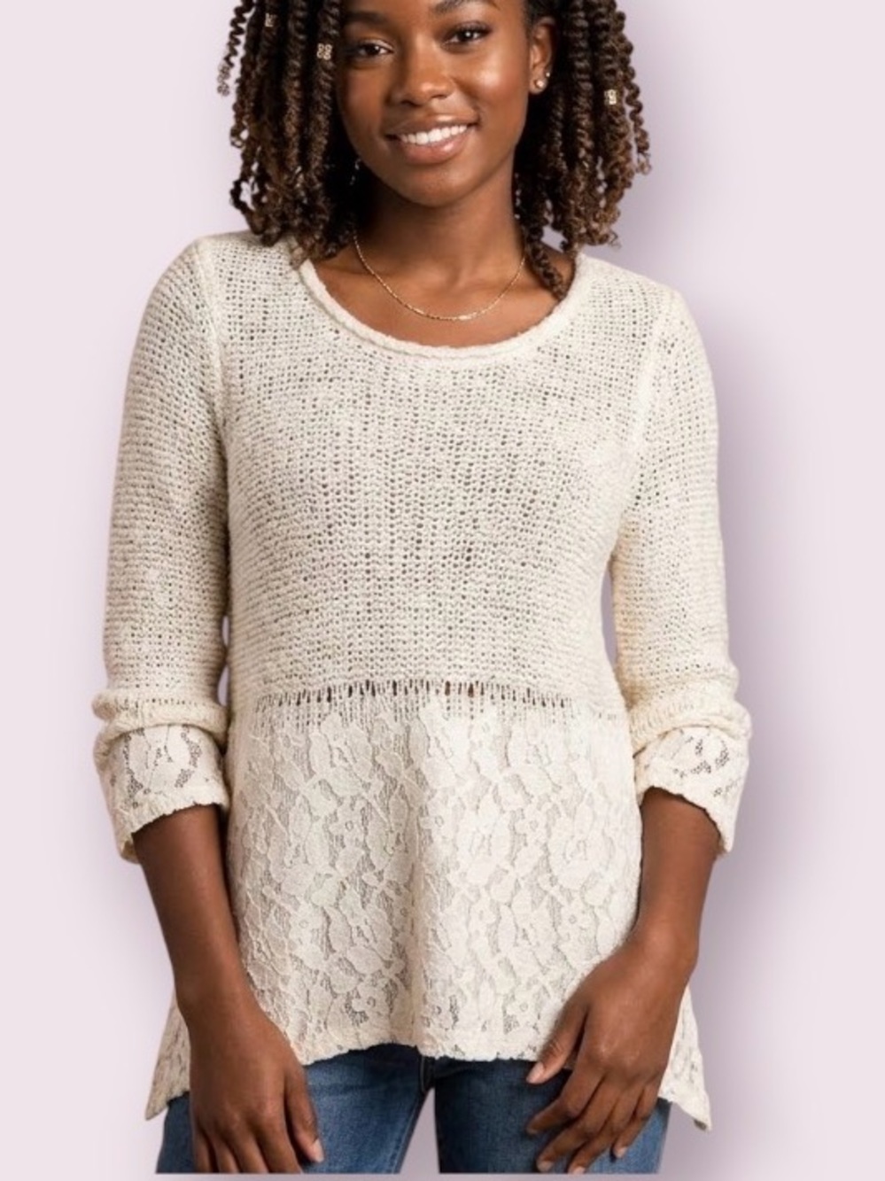 Anthropologie Knitted & Knotted Knit Lace Sweater Wool Alpaca Linen Ivory Medium